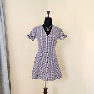 Black & White Gingham Polyester Button Down Short Sleeve Ruffle Mini Dress - S